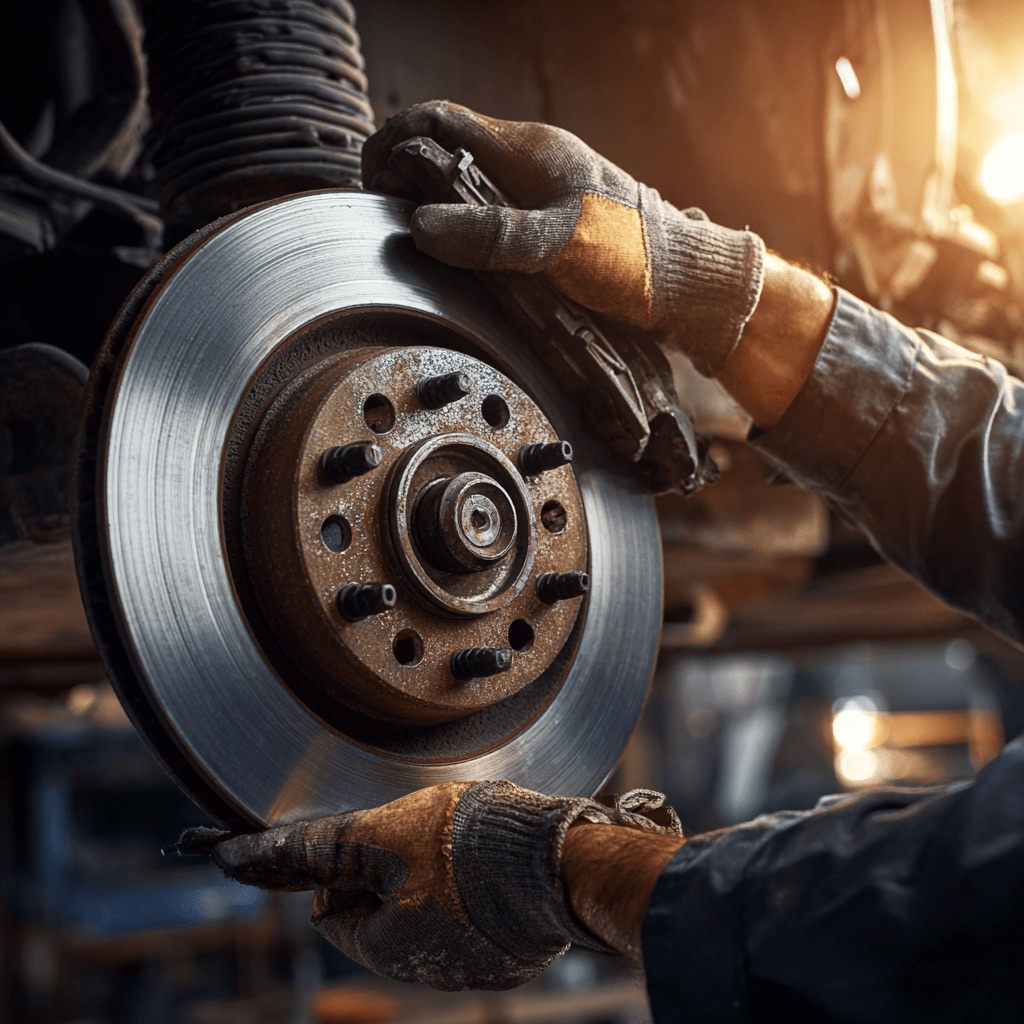 close-up of brake inspection, mechanic hands checking brake
