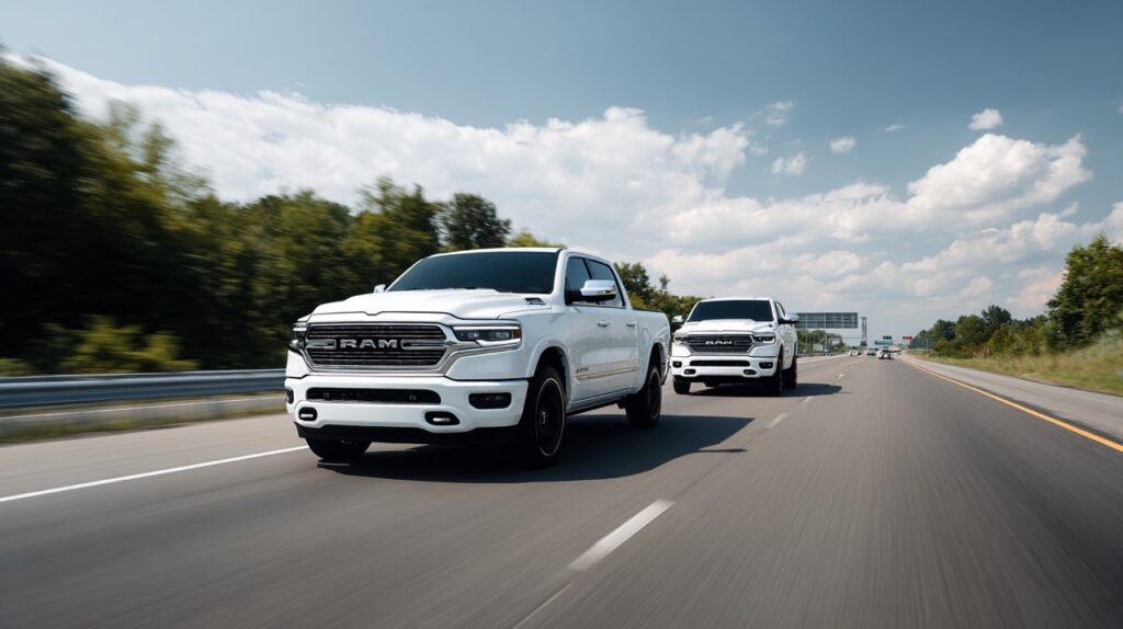 2 white RAM fleet pickup trucks without the RAM logo cruising on the interstate