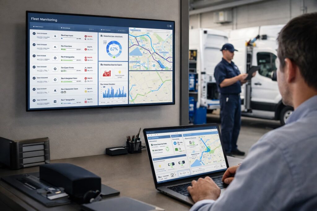 Fleet office screen with diagnostics and alerts highlighting Best AI Fleet Maintenance Software for Small Business in action.