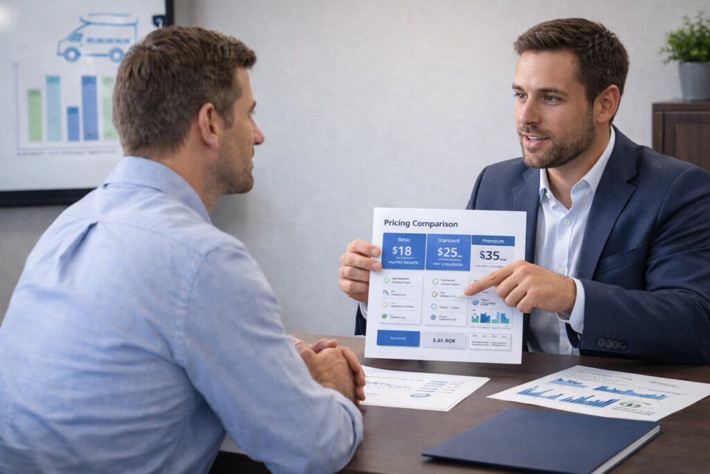 Small business owner reviewing pricing proposal for Best AI Fleet Maintenance Software for Small Business in office meeting.