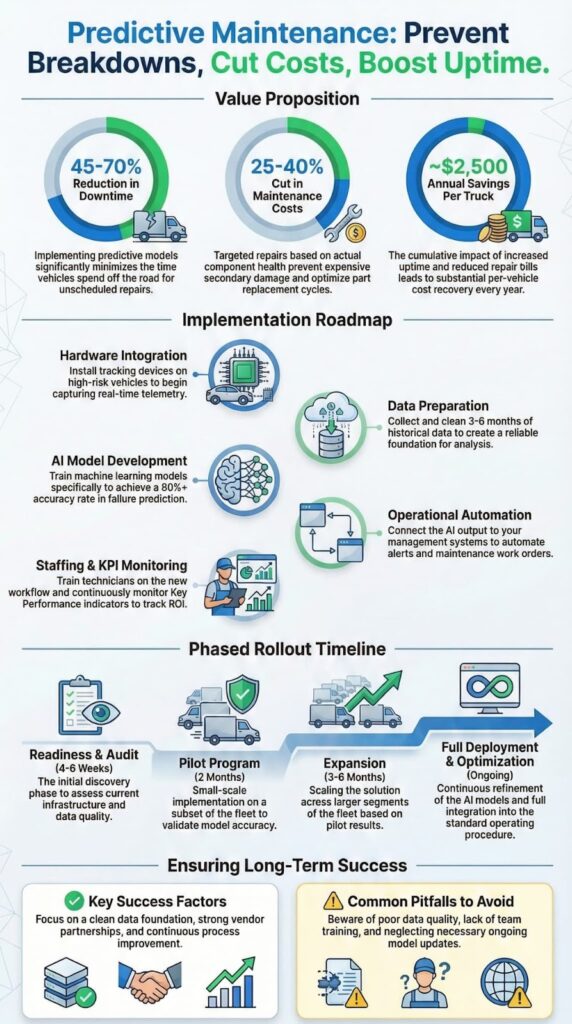 Infographic detailing the value proposition, implementation roadmap, and rollout timeline for adopting predictive maintenance in fleet operations.