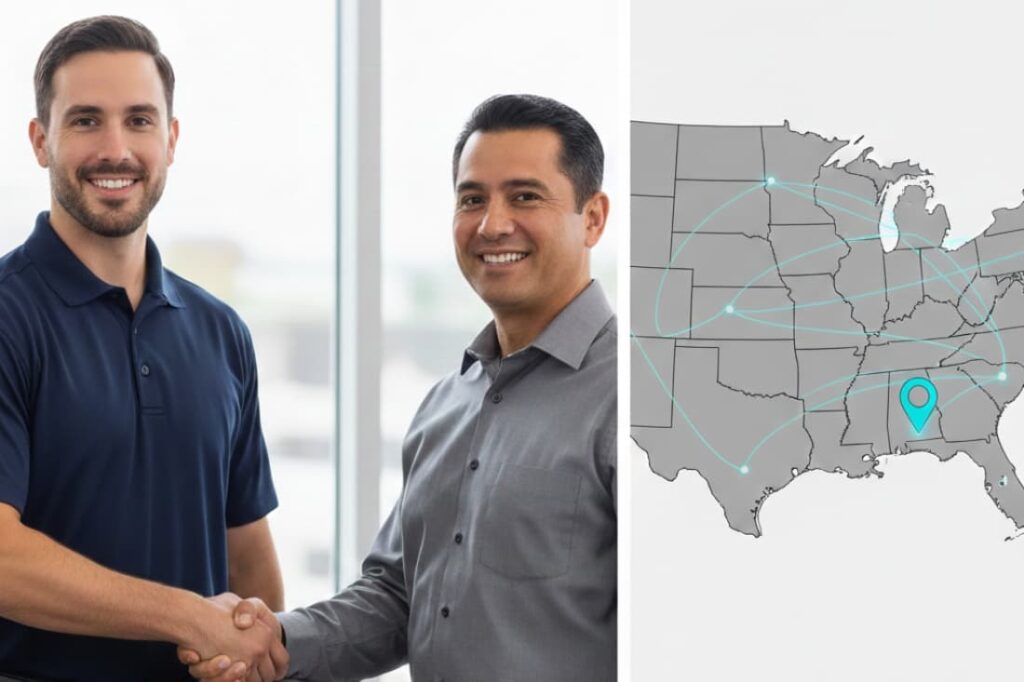 Business partners shaking hands against a backdrop of a geographic map, symbolizing the collaborative implementation of AI-driven fleet management solutions.