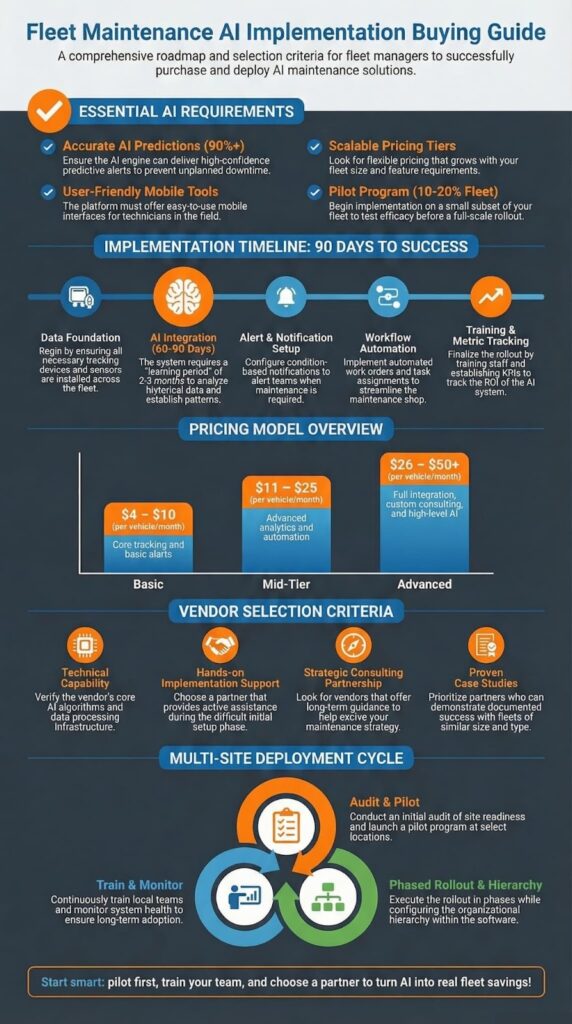 Comprehensive guide for fleet managers to successfully purchase and deploy AI-powered maintenance solutions, outlining key requirements and implementation timeline.