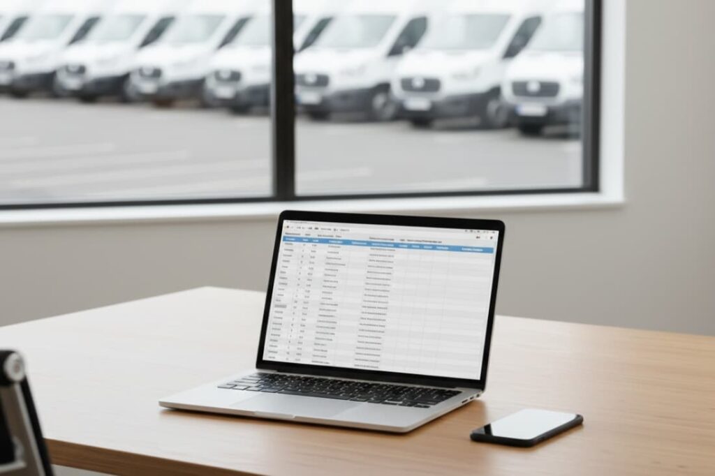 Fleet management dashboard on a laptop, enabling data-driven predictive maintenance strategies for optimized service operations.