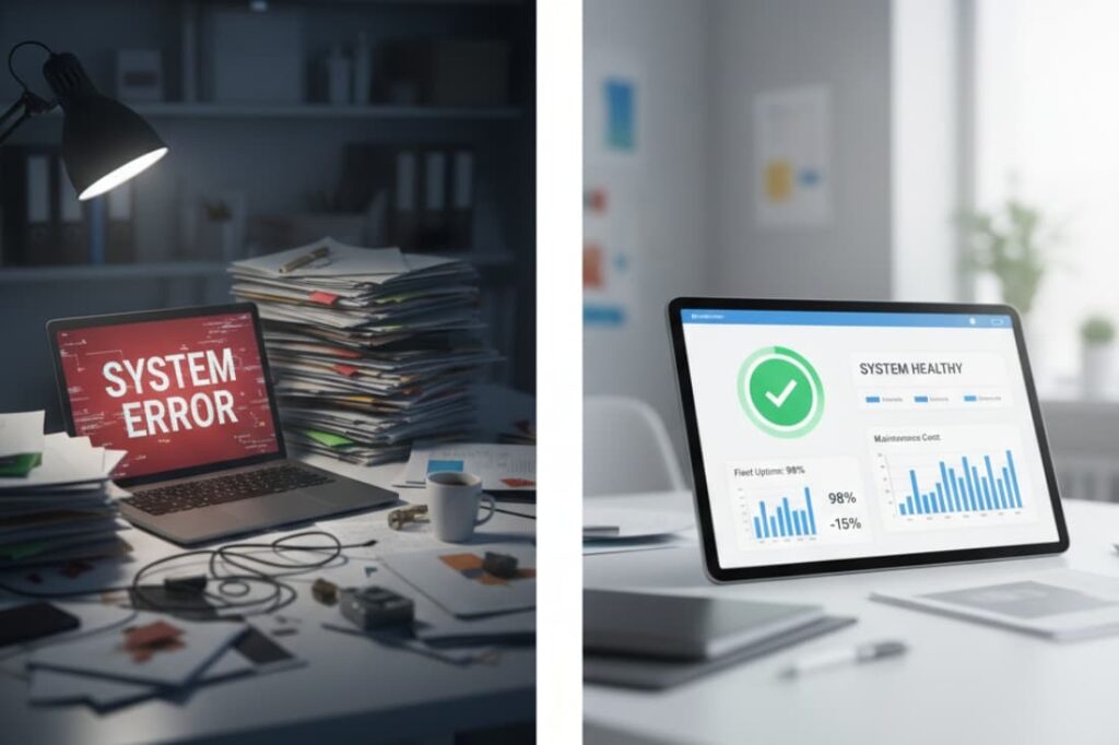 Contrasting computer screens displaying system error and fleet health analytics, underscoring the value of predictive maintenance for service operations.