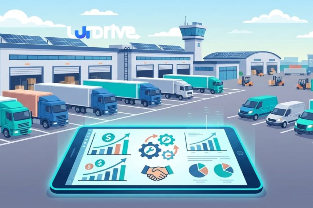 Pricing models for comprehensive fleet maintenance systems visualized with a digital dashboard overlooking a large commercial truck depot.