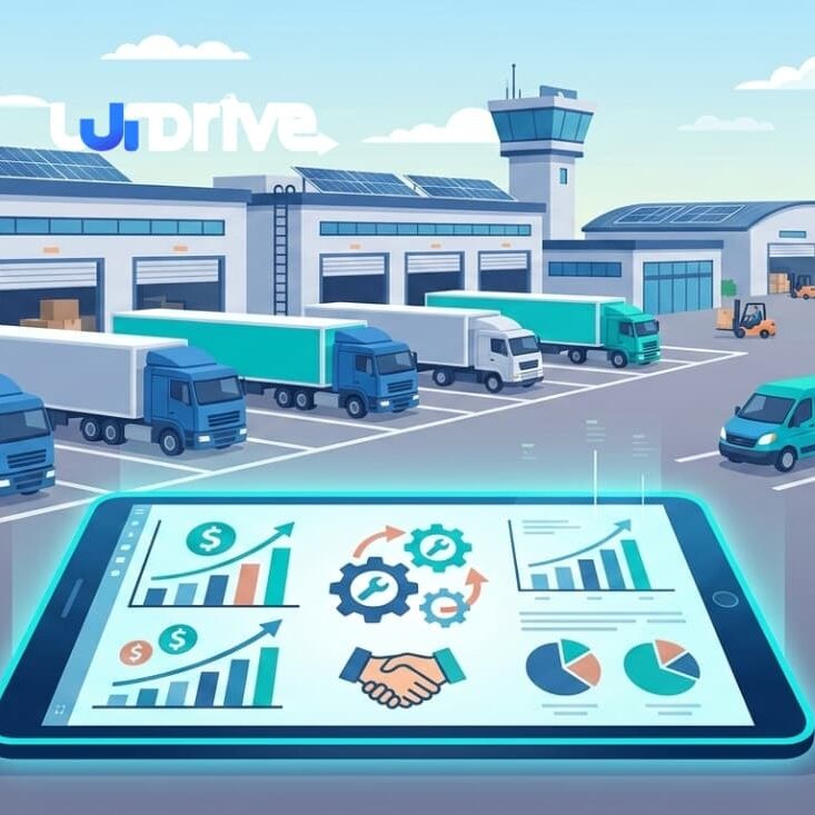Pricing models for comprehensive fleet maintenance systems visualized with a digital dashboard overlooking a large commercial truck depot.